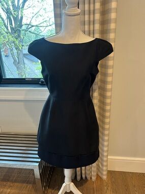 Halston Heritage Black Boatneck Cap-Sleeve Mini Dress with Satin Trim